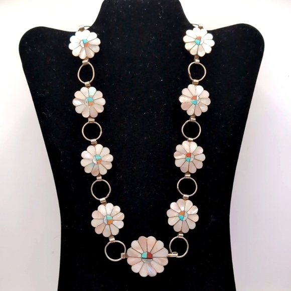 Zuni Jewelry - Sterling Silver Zuni Native American Sun Face MOP Turquoise Concho Belt Necklace